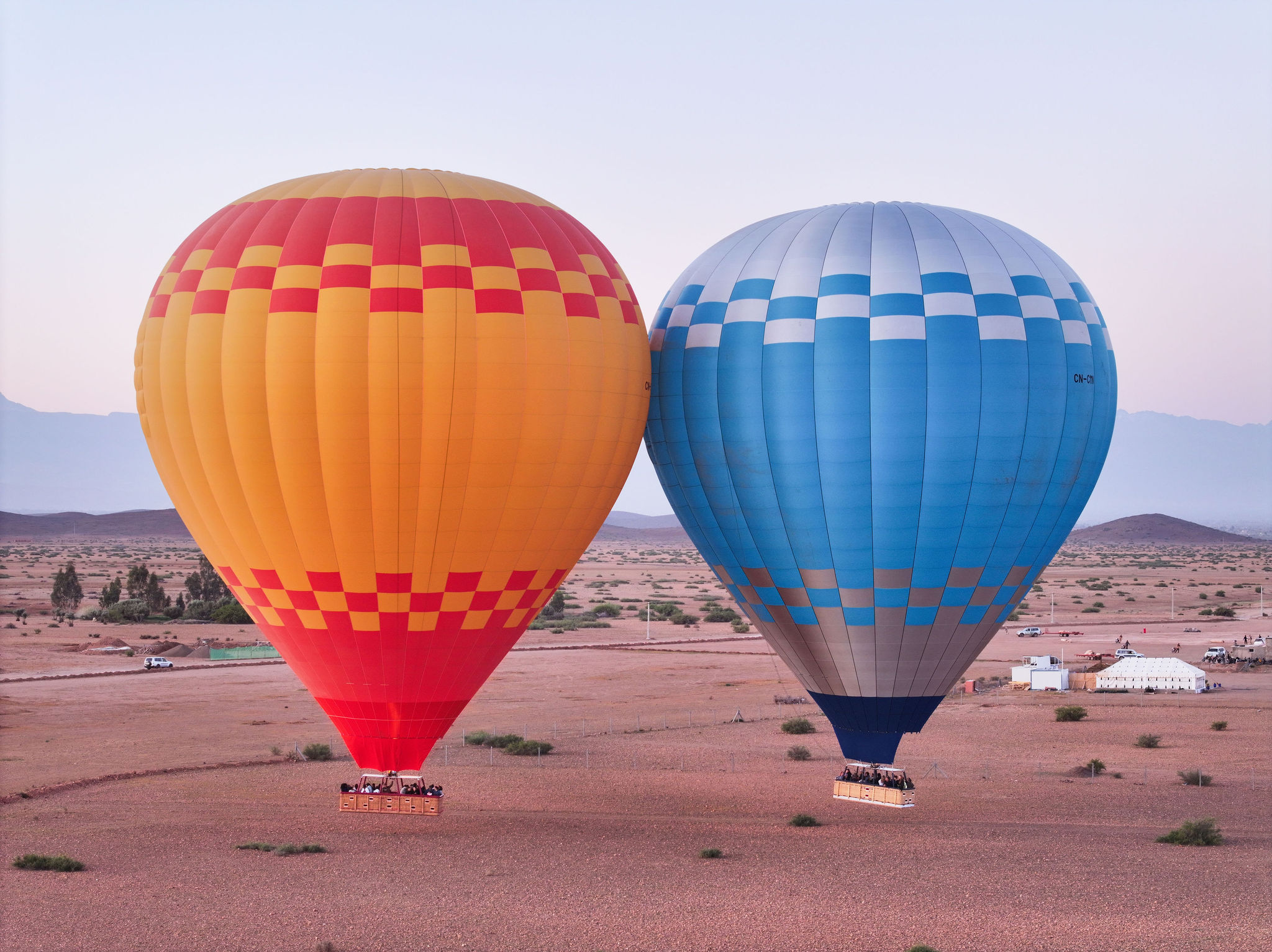 Yellow and blue balloons standing on the plain outside Marrakech
