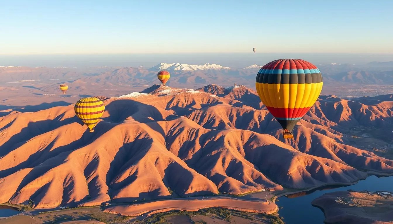 Balloons over hills with the Atlas on the horizon